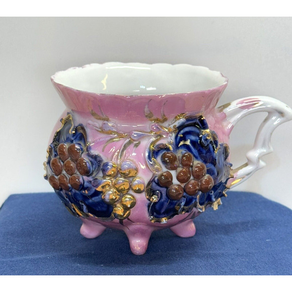 Antique German Gilded Footed 4 leg Pink Tea Cup - Porcelain Relief Grapes Gold - Picture 1 of 9